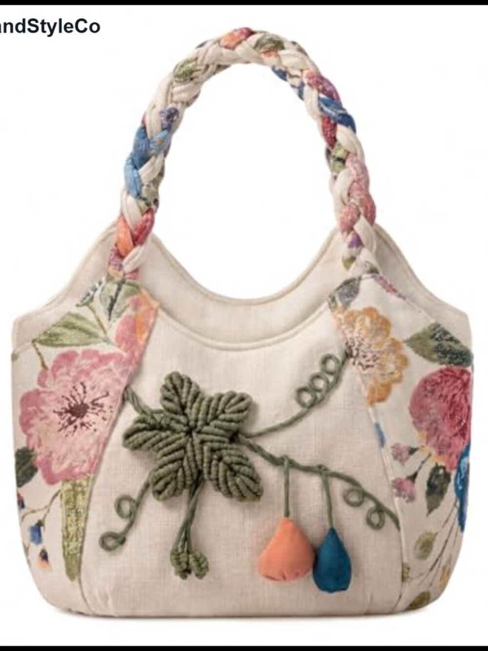 Vintage Embroidered Cotton Canvas Tote Bag with Multi Pockets, Hand Strap,